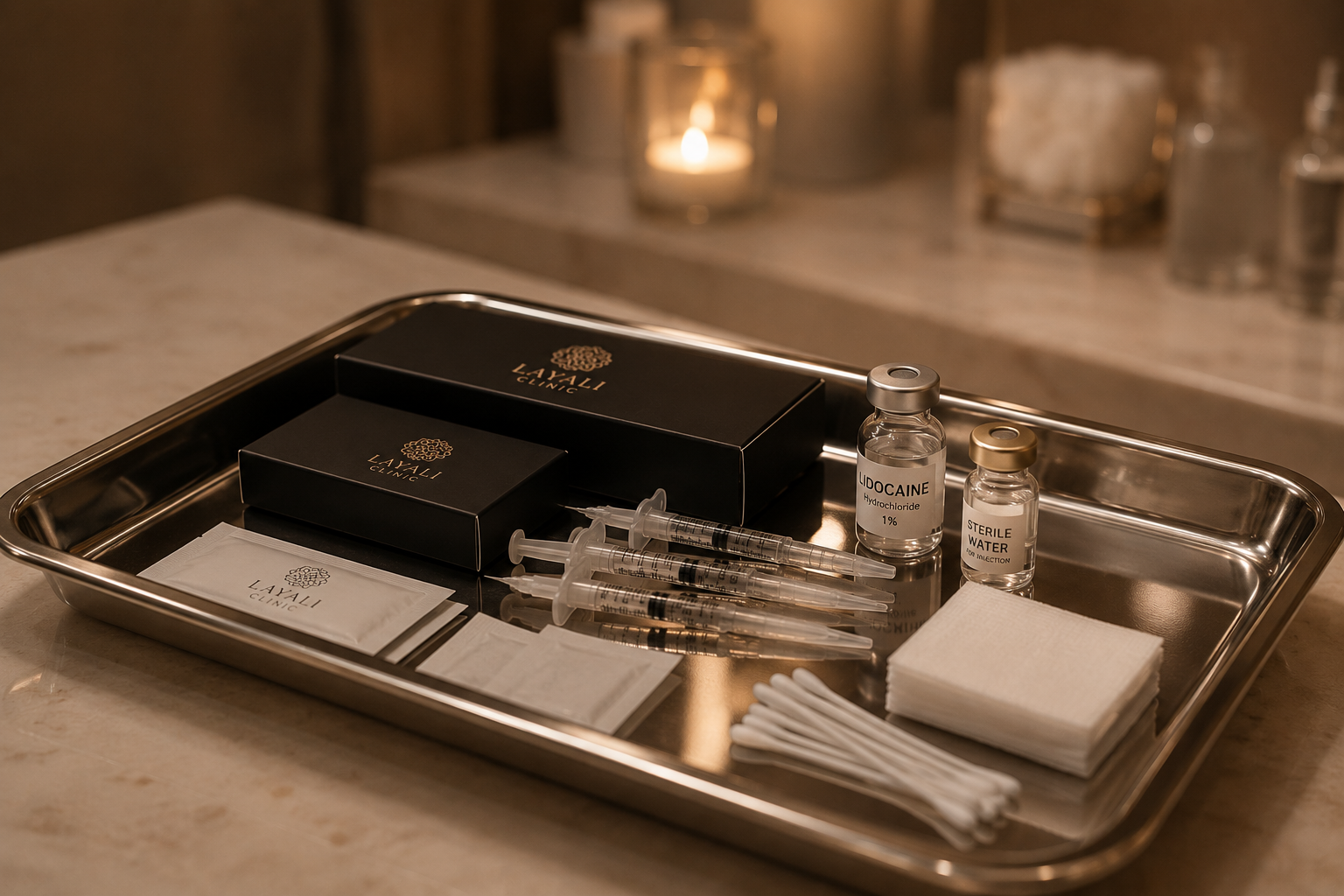 Layali Clinic treatment tray with branded products