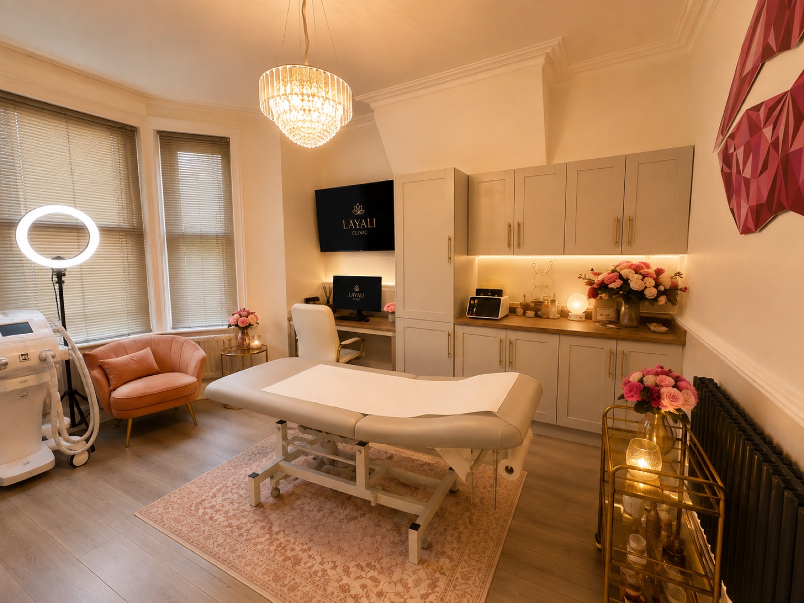 Layali Clinic treatment room with chandelier, treatment bed and geometric lips wall art