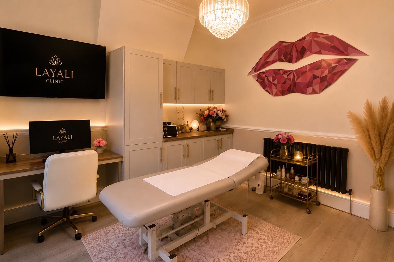 Layali Clinic treatment room with LAYALI-branded screens and gold detailing